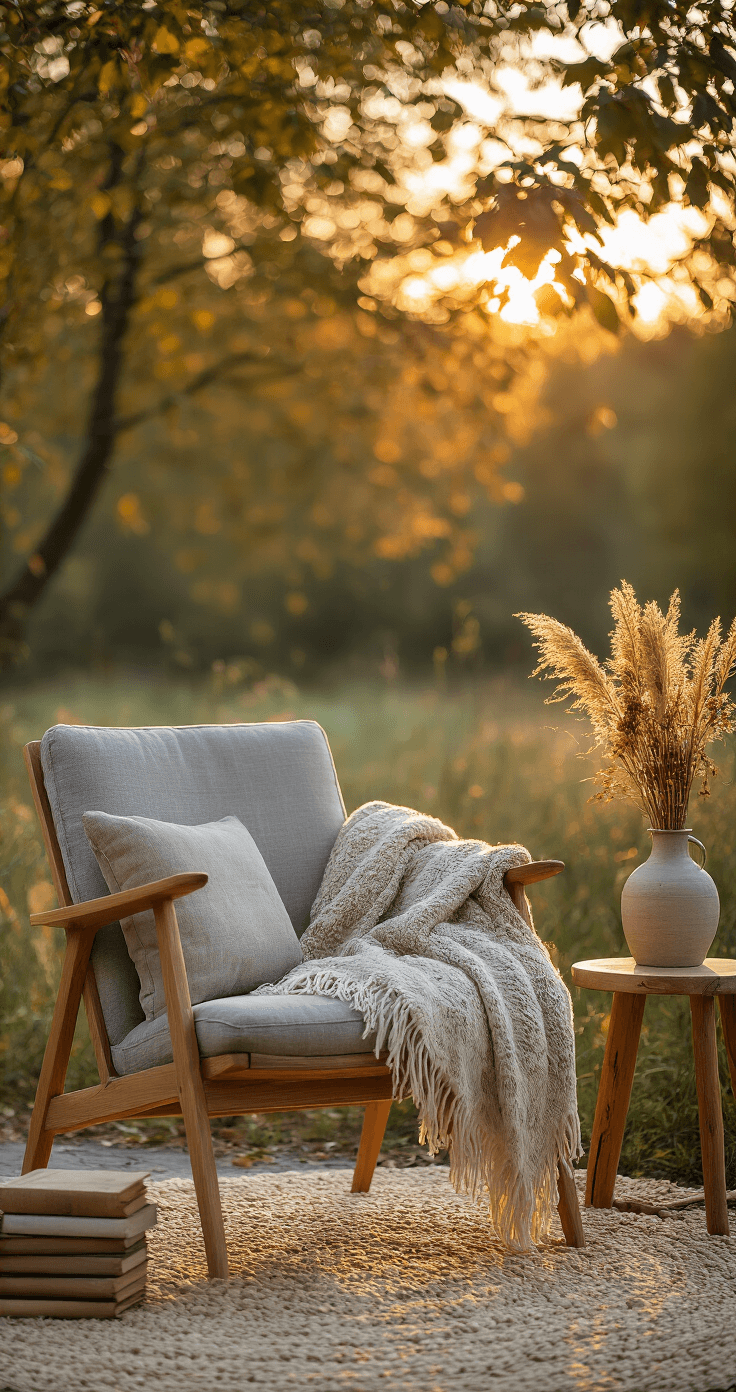 Intieme leeshoek in Scandinavische stijl met lichtgrijze fauteuil en messing leeslampje, omringd door een handgeweven wandkleed, een bijzettafeltje van gebleekt eikenhout, vintage boeken en een keramische vaas met droogbloemen, onder een zacht beige wollen vloerkleed, verlicht door warme avondzon met dramatische schaduwen.