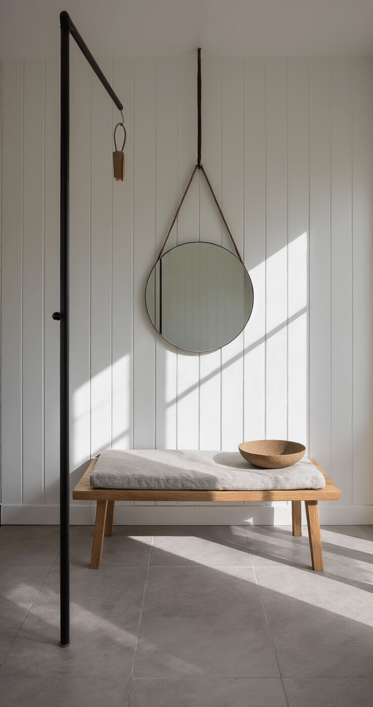 Minimalistische entreehal met witte wandpanelen, zwart metalen kapstok, eiken bankje met lichtgrijs kussen, ronde spiegel met messing rand en handgemaakte keramische schaal voor sleutels, verlicht door ochtendlicht en met betonlook vloertegels in warmgrijs.