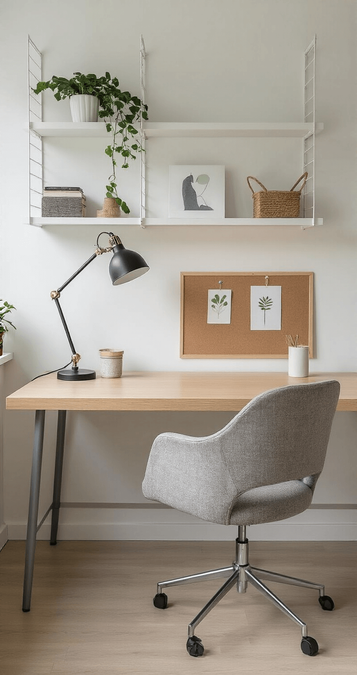 Moderne thuiswerkplek in Scandinavische stijl met licht eikenhouten bureau, ergonomische lichtgrijze stoel, zwarte bureaulamp met messing details, kurken prikbord, witte floating shelves met designobjecten en planten, gefotografeerd in diffuus daglicht.
