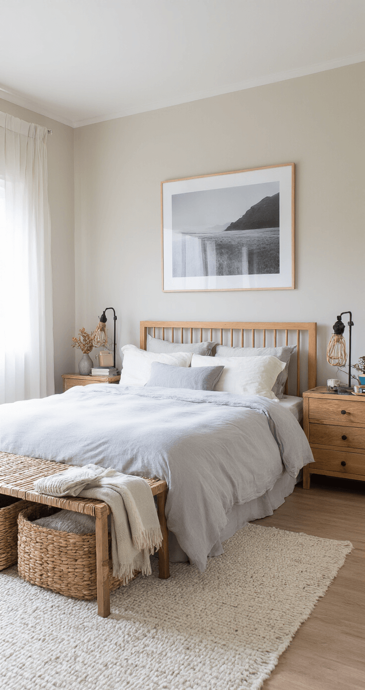 Serene slaapkamer van 4x5 meter met een king-size bed, linnen beddengoed in zachtgrijs en wit, houten nachtkastjes met keramische lampen, een grote zwart-wit foto boven het bed, een roomwit hoogpolig vloerkleed en een rieten mand met extra plaids, gefotografeerd vanuit een laag standpunt met ochtendlicht dat door sheer gordijnen valt.
