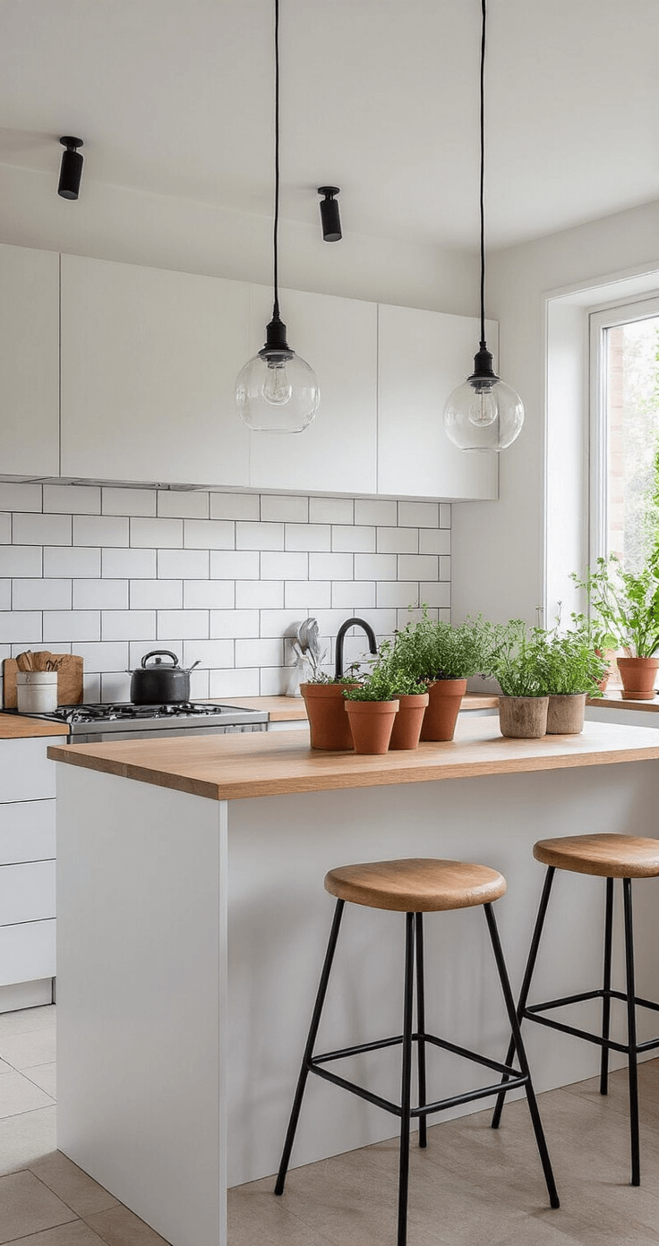 Open keuken in Scandinavisch design met matte witte kastfronten, eiken werkblad en zwart minimalistische greeplijsten. Visgraat keramische tegels als spatwand, hanglampen van mondgeblazen glas boven het eiland, houten barkrukken met zwart frame en verse kruiden in terracotta potten. Diagonaal perspectief met nadruk op lijnenspel en materiaalcontrasten in helder daglicht.