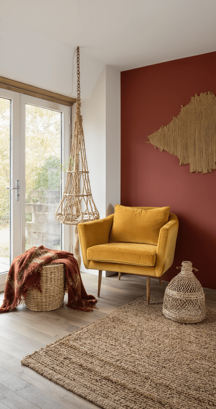 Compacte zithoek met een okergele fluwelen fauteuil, robuust houten wandmeubel en wijnrode accentmuur. Versierd met textiele wandkunst, gevlochten manden en wollen plaids in mosterdtinten. Een vintage koperen vloerlamp verlicht het handgeweven tapijt in aardse tinten, vastgelegd tijdens het gouden uur voor een intieme, bohemian sfeer.