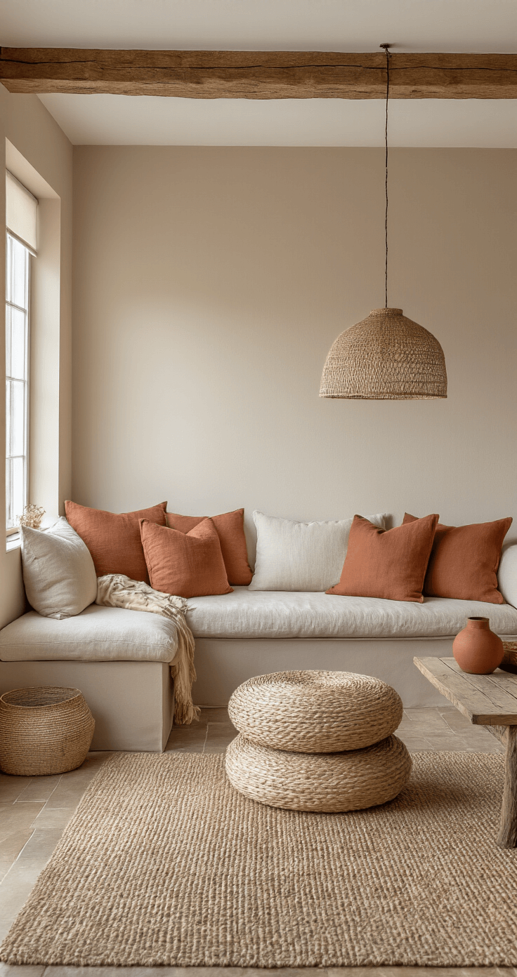 Open woonruimte met taupe muren, houten balken en een beige linnen bank. Rotan roomdivider en koperen hanglamp creëren een landelijke moderne sfeer in zacht ochtendlicht.