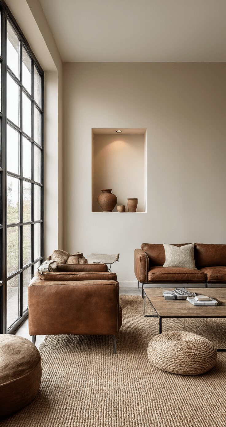 Moderne woonkamer met donkerbruine lederen fauteuils, crèmekleurige muur, stalen kozijnen en sfeervolle verlichting, afgewerkt met een jute vloerkleed en roestkleurige kussens.