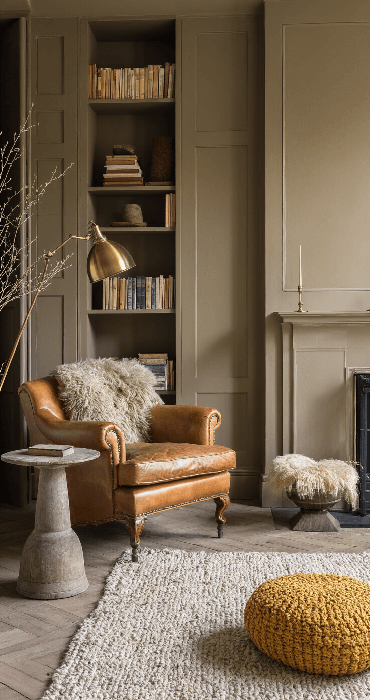 Knusse leeshoek met dieprode accentwand en ingebouwde boekenkast, vintage cognac leren fauteuil, mosterdgele wollen poef, messing leeslamp en geweven wandkleed, verlicht door zijdelings natuurlijk licht op oude houten vloer.