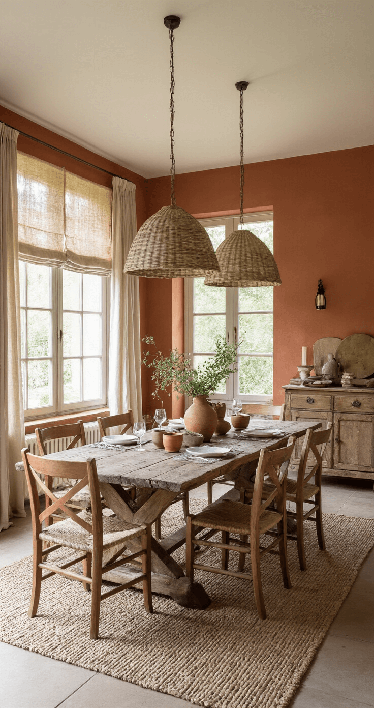 Een gezellige eetkamer bij kaarslicht, met een robuuste houten eettafel gedekt met terracotta servies, zandkleurige muren, rieten hanglampen en linnen gordijnen. Een sisal vloerkleed en een oude houten servieskast met koperen details completeren de rustiek romantische sfeer. Dramatisch bovenaanzicht.