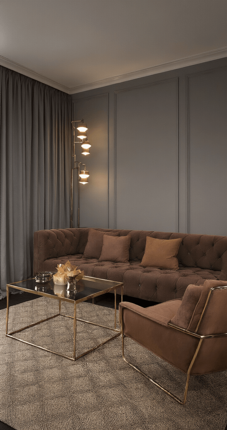 Moderne zithoek met chocoladebruine fluwelen bank en okerkleurige fauteuils, warm grijze muren, geometrisch vloerkleed in aardtinten, messing bijzettafels, keramische vazen en dimbare wandlampen in een sfeervolle avondsetting.