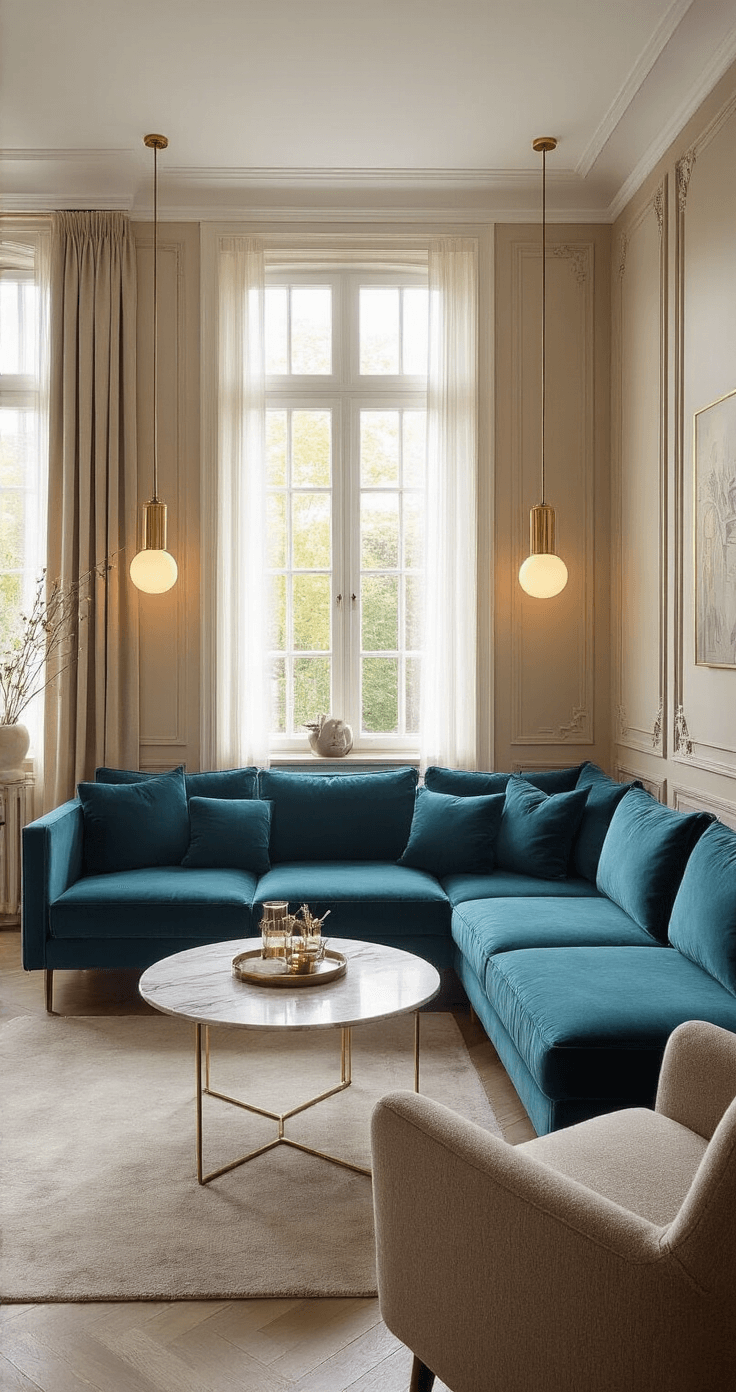 Luxe hotelchique woonkamer met hoge plafonds, voorzien van een diep petrolblauwe velours hoekbank, gouden vloerlampen, marmeren salontafel en champagnekleurige bouclé fauteuils, verlicht door diagonaal binnenvallend middaglicht.