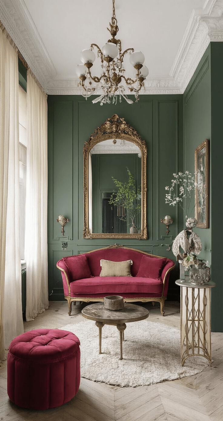 Intieme zithoek met erker en klassieke ornamentlijsten, verlicht door ochtendzon. Een bordeauxrood fluwelen loveseat tegen een donkergroene accentmuur, omringd door antiek bronzen kroonluchter en art deco bijzettafels. Gestoffeerde poefs in gouden tinten en vintage spiegels met patina. Zachte spotlights accentueren texturen en decoratieve elementen zoals gedrapeerde plaids en koperen vazen.
