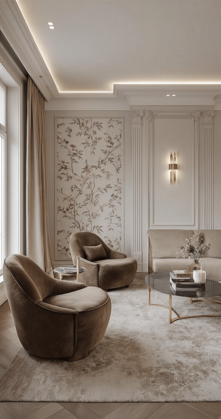 Moderne lounge ruimte met architectonische zuilen, mysterieuze schemerlicht sfeer, maatwerk wandkast in hoogglans donker hout, oversized chocolademaroon velours fauteuils rond marmeren salontafel met gouden onderstel, subtiel botanisch accent wallpaper, zware taupe zijden gordijnen, dramatisch vogelperspectief, uplights bij zuilen en dimbare sfeerverlichting, abstracte kunst en exotische planten.