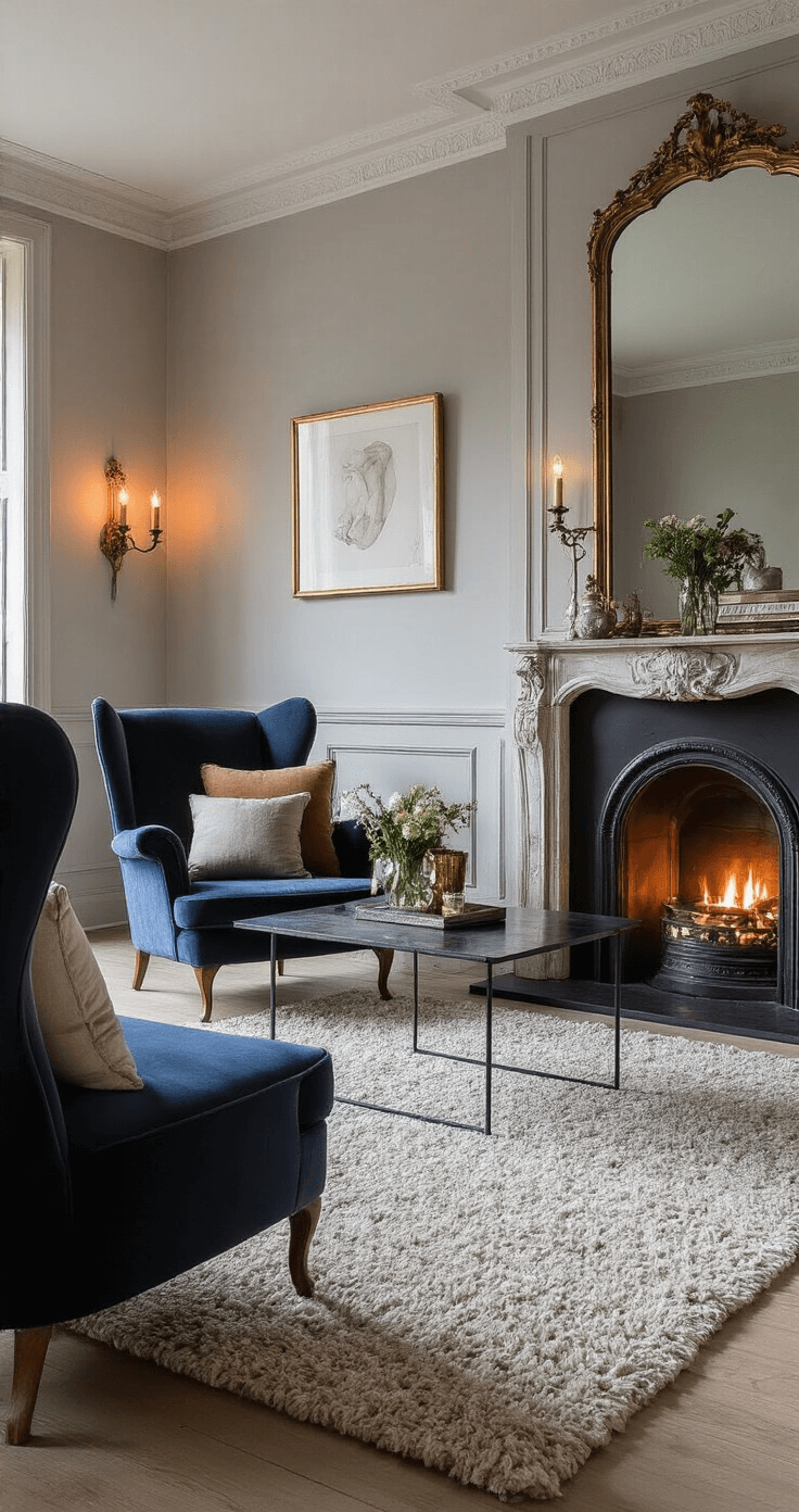 Intieme close-up van een stijlvolle boutique woonkamer met originele schouw, fluwelen wingbacks in nachtblauw, zwart marmeren focal point met gouden aders, en warm indirecte verlichting. Tactiele wandbekleding in zachtgrijs en vintage decoraties zoals spiegels en kristallen kandelaars.