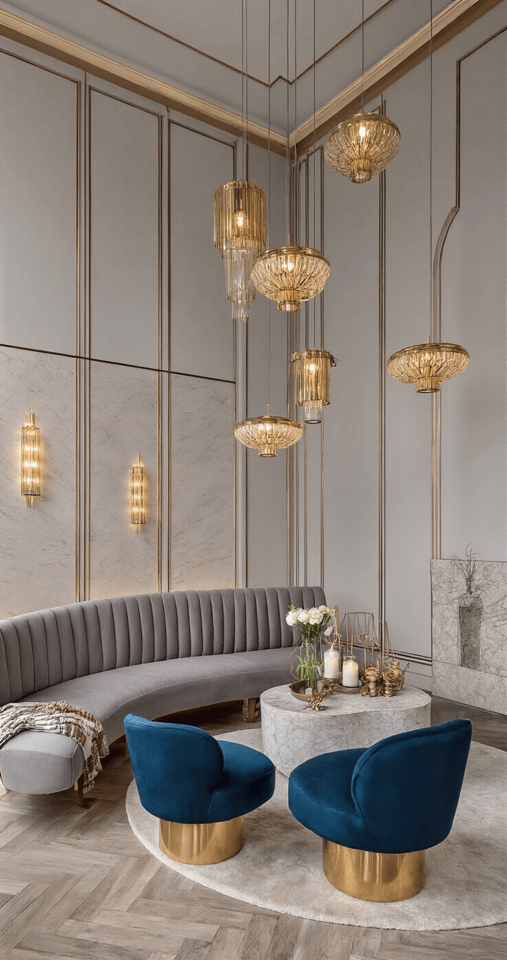 Luxe leefruimte met visgraat parket, een curved bank in parelgrijs velours, contrasterende midnight blue fauteuils, een zwevende marmeren haard met koperen details, en art deco wandlampen in mat goud, verlicht met warm wit LED en kaarslicht.