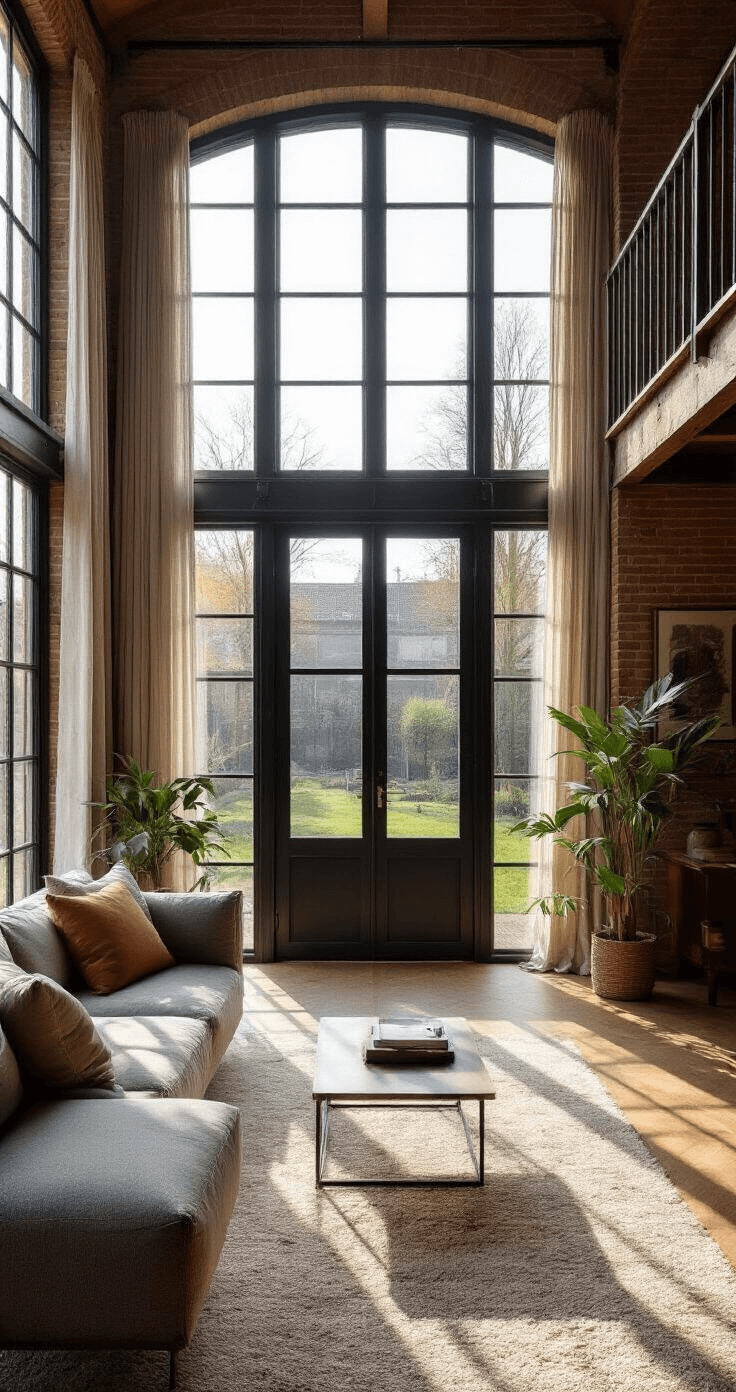 Ruime, lichte woonkamer met hoge plafonds, gefotografeerd in de late ochtendzon. Centrally matzwarte stalen deur met geometrische verdeling, grote raampartijen en eikenhouten visgraatparketvloer. Warmgrijze muren benadrukken de industriële elegantie.