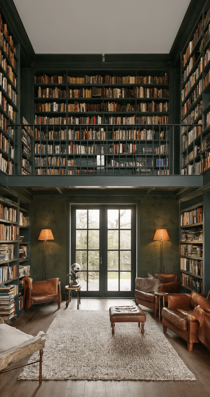 Intieme thuisbibliotheek met dubbele stalen pivotdeuren en rookglas, donkergroene velours wandbekleding, cognackleurige leren fauteuils en vintage koperen leeslampen, vastgelegd tijdens het gouden uur met monumentaal effect en sfeervolle schaduwwerking.