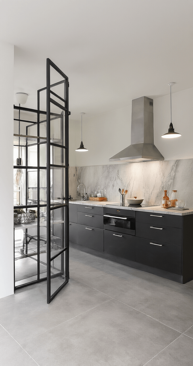 Moderne open keuken met industriële details, stalen taatsdeuren, marmeren werkblad, betonlook vloer en matzwarte keukenkasten, gefotografeerd in helder middaglicht.