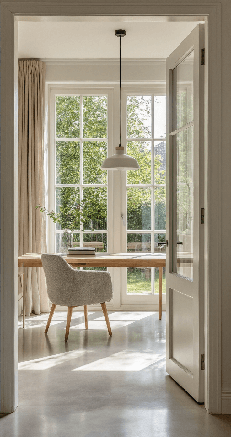 Minimalistische thuiswerkplek met licht essenhout bureau en grijze bouclé bureaustoel, gescheiden door een witte stalen schuifdeur met glas. Beige linnen gordijnen filteren het daglicht en de hoogglans epoxy gietvloer reflecteert subtiel. Vogelperspectief toont het ruimtelijke overzicht.
