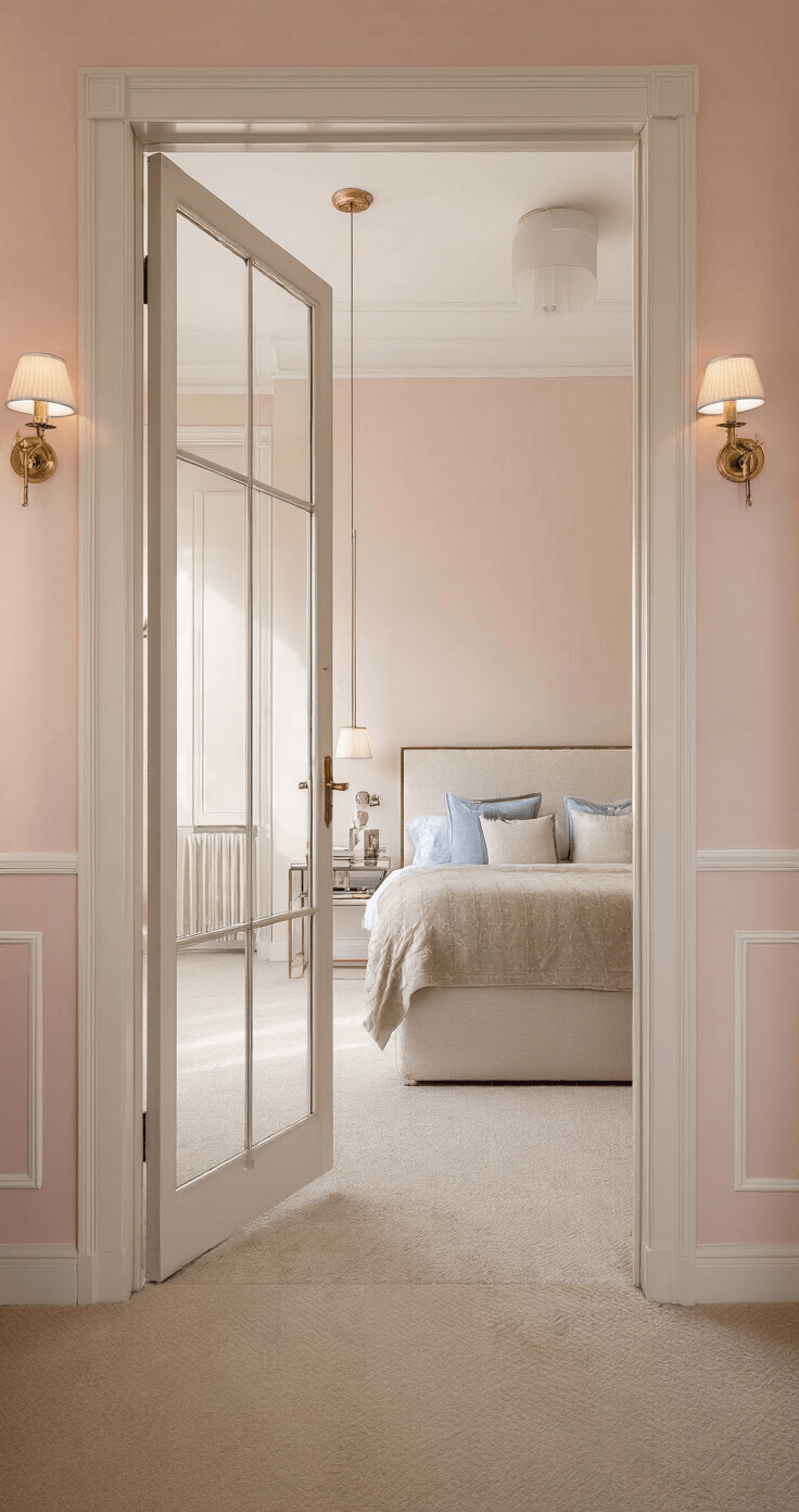 Luxe hoofdslaapkamer bij zonsondergang met dubbele stalen ensuite deuren in bronze metallic en rookglas, zachtroze muren, nachtblauwe velours hoofdbord, gouden wandlampen en crèmekleurig tapijt, gefotografeerd vanuit het bed.