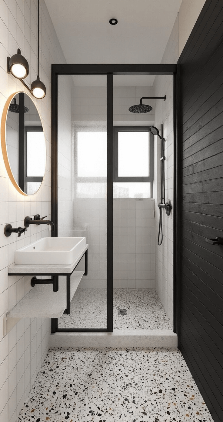 Industriële badkamer met zwarte stalen douchewand en matzwarte details, terrazzo vloer, wit marmeren wastafelblad en ronde spiegels met LED verlichting, verlicht door ochtendlicht.