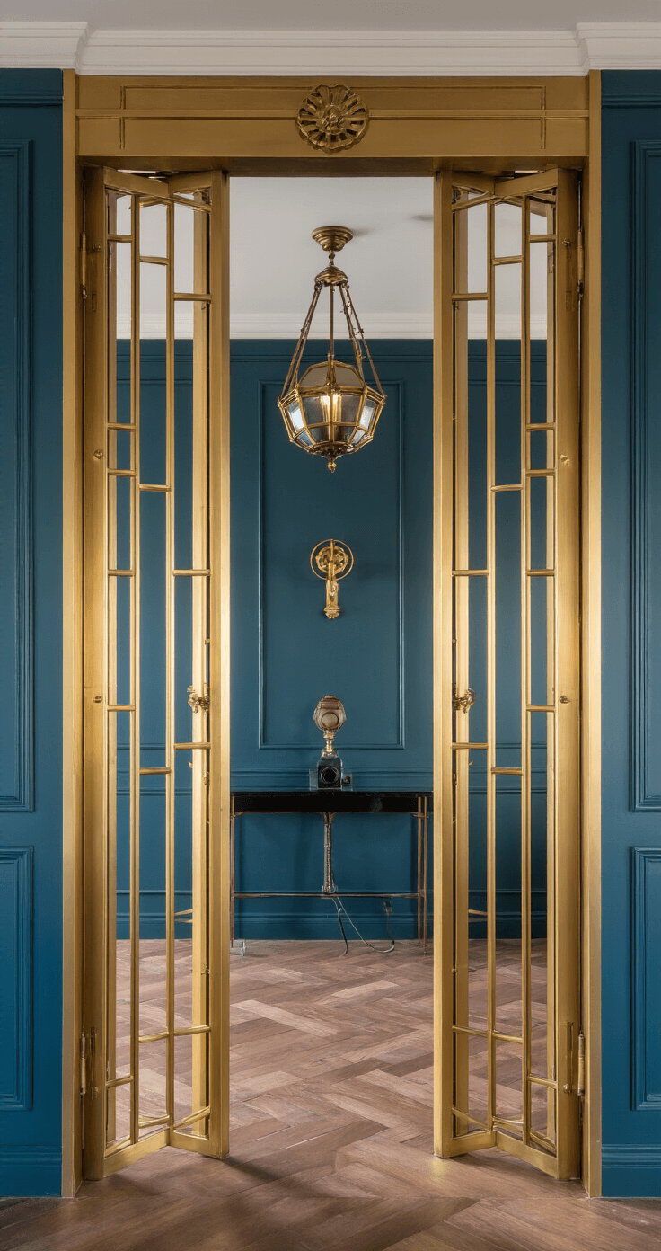 Stijlvolle hal met art deco invloeden, featuring gouden stalen vouwdeuren, visgraat parket in gerookt eiken, petrolblauwe lambrisering en vintage messing accessoires, met theatrale spotverlichting voor een sfeervolle ambiance.