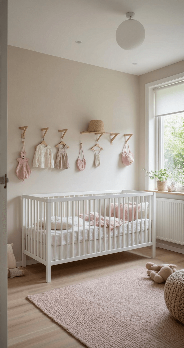 Moderne Scandinavische babykamer met hoog plafond en grote ramen, gevuld met ochtendlicht. Montessori-stijl kledingrek op kinderhoogte met pastelkleurige mini-hangers, lichtgrijze muren, eiken laminaatvloer, wit ledikant met naturel linnen beddengoed en een zachtroze vloerkleed. Sereen en uitnodigend interieur.