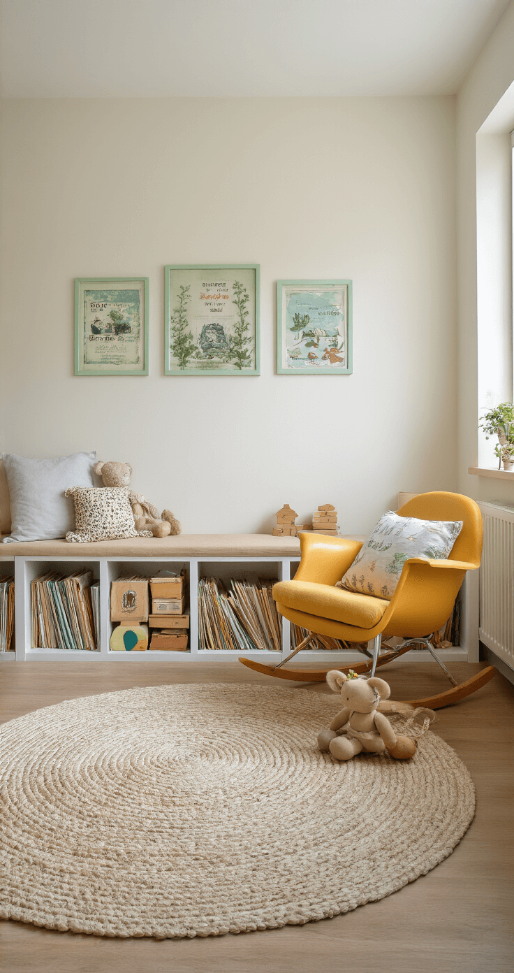 Vierkante kinderkamer met mintgroene BEKVÄM rekjes vol vintage kinderboeken, kleine plantjes en houten speelgoed. De muren zijn roomwit en de vloer is warmgrijs tapijt. Een okergele schommelstoel staat in de hoek, terwijl late middaglicht door vitragegordijnen valt, wat een nostalgische en gezellige sfeer creëert.