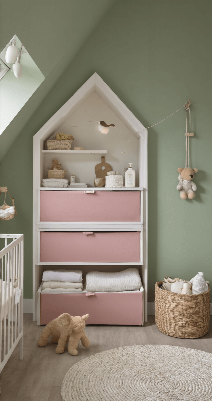 Compacte babykamer van 3x4m met schuine wand, drie diagonaal gemonteerde poederroze BEKVÄM rekjes gevuld met verzorgingsproducten en hydrofieldoeken. Zachtgroene muren, witte plankenvloer, diffuse middaglicht en vogelperspectief.
