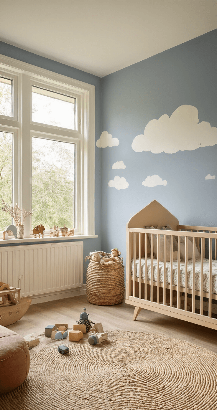 Ruime kinderkamer met erker, zes regenboogkleurige BEKVÄM rekjes vol speelgoed, wolkengrijze muren en een beige tapijt, gefotografeerd in het gouden uur vanuit de deuropening.