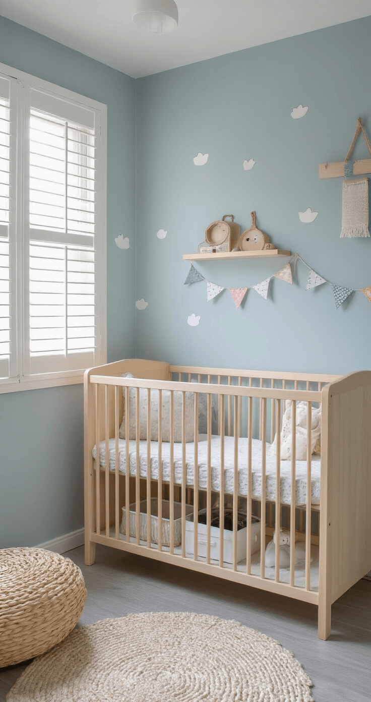 L-vormige babykamer met BEKVÄM rekjes in naturel hout, versierd met washi-tape, ochtendlicht door shutters, zachte blauwe muren en grijze PVC-vloer, met een witte commode.