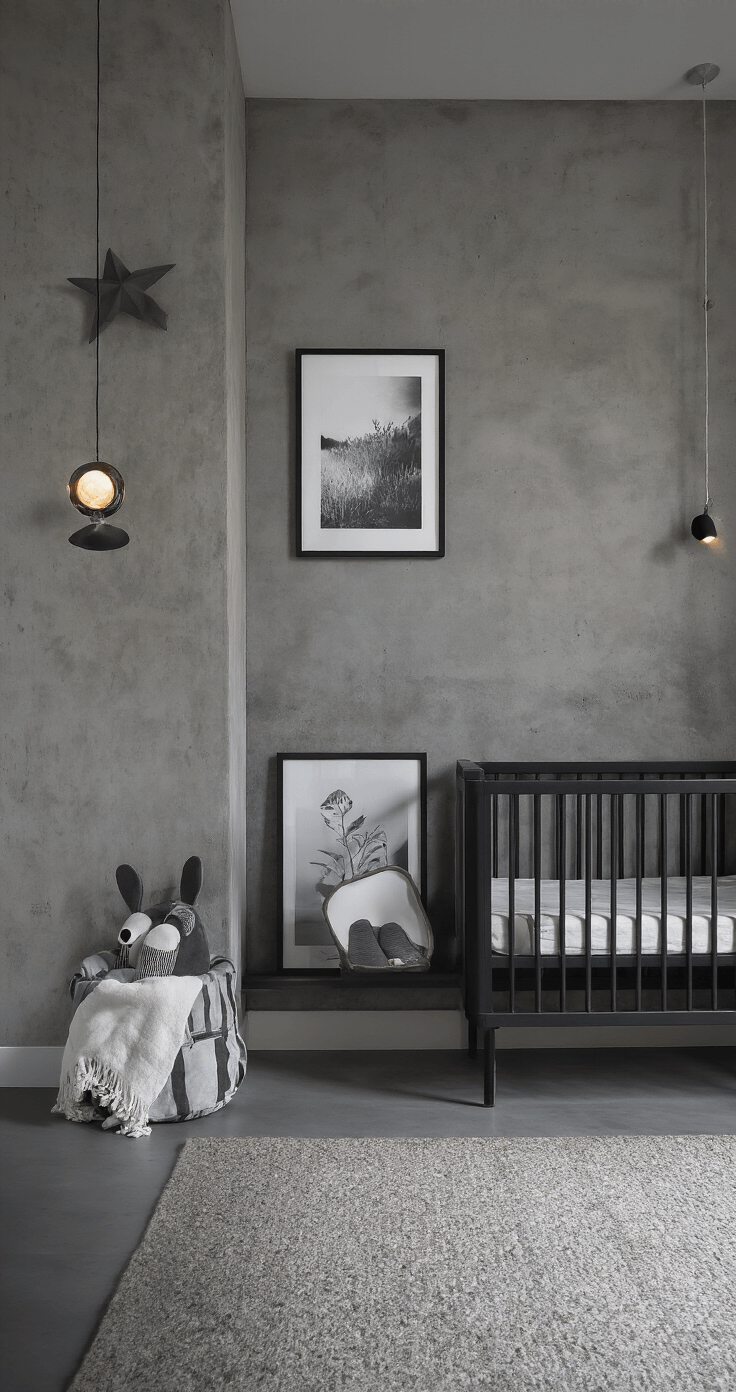 Moderne kinderkamer van 4x4m met zwart BEKVÄM rekjes aan twee muren, sfeervolle dimbare verlichting, zwart-wit foto's en designspeelgoed als minimalistische decoratie, betonnen muren en donkergrijze vloer.