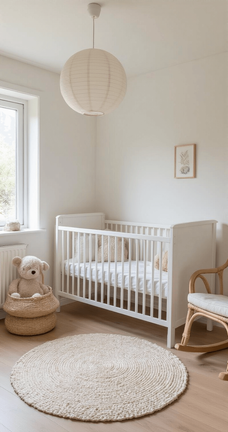 Een vierkante babykamer in ochtendlicht met een mat-wit Bopita ledikantje, rond crèmekleurig vloerkleed, commode met rotan manden, schommelstoel van linnen, grote ramen met gordijnen en decoraties zoals een houten mobiel en pastelknuffels.
