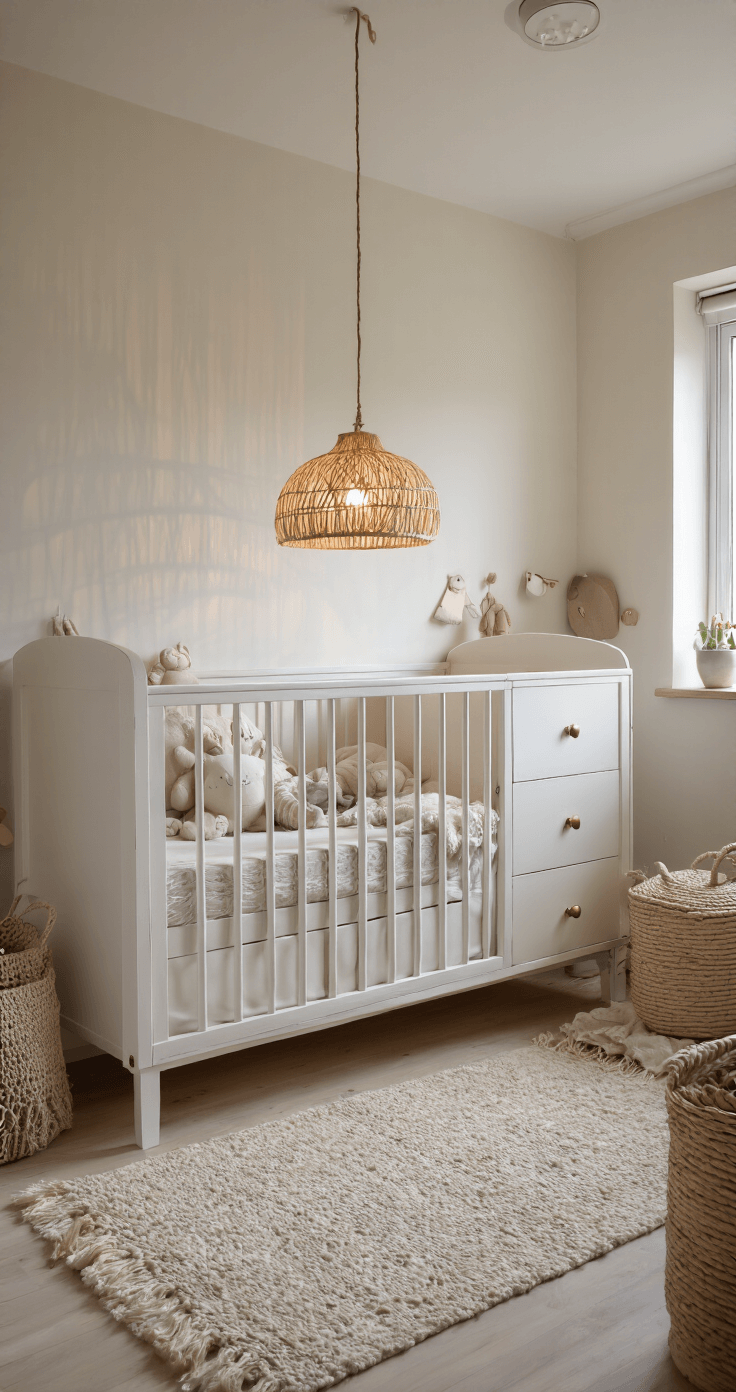 Intieme avondopname van een L-vormige babykamer met een Europe baby ledikant, dimbare rotan hanglamp en een commode met messing handgrepen, omringd door zachte texturen, natuurlijke elementen en sfeervolle schaduwen.