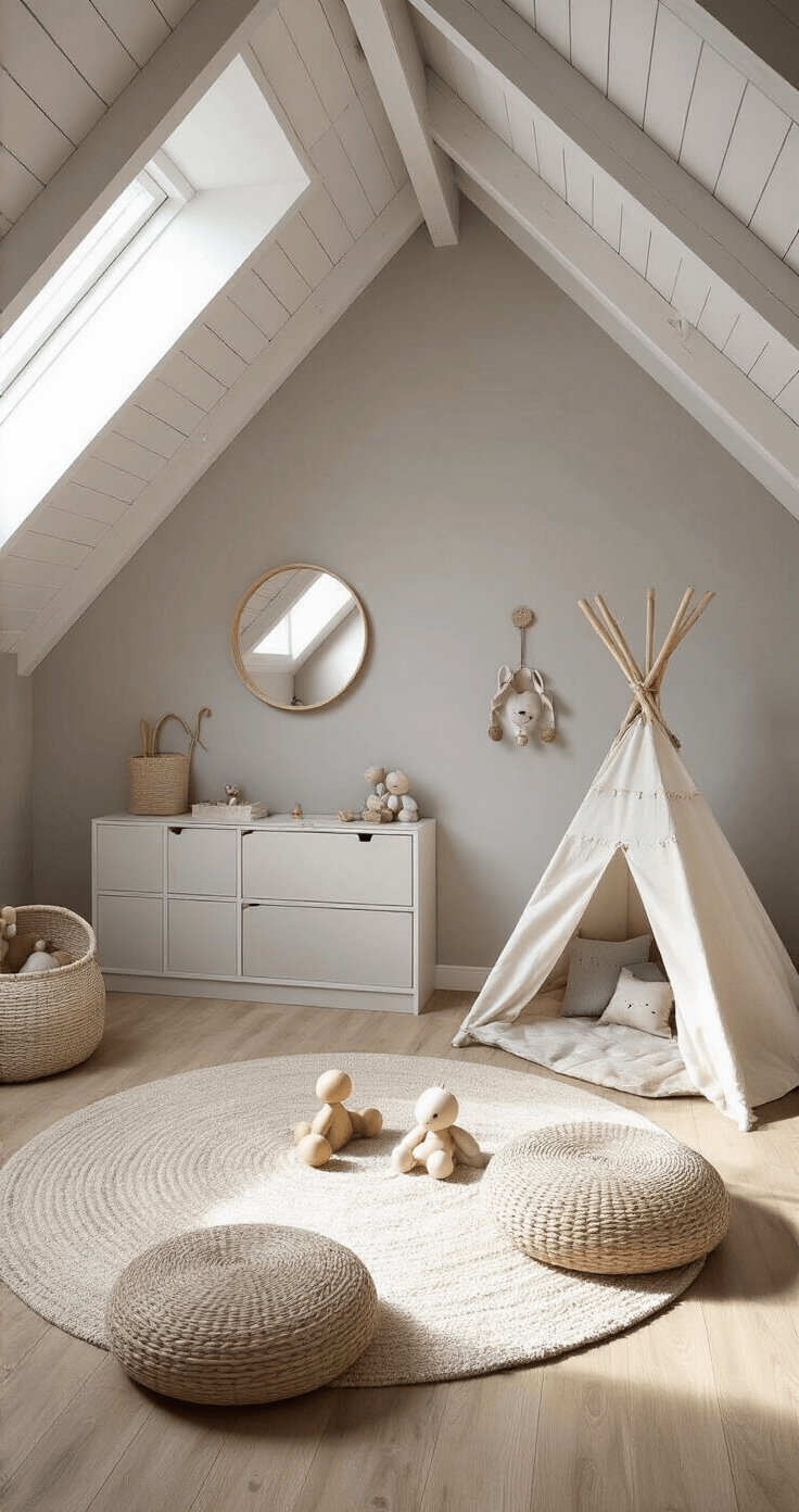 Panoramisch beeld van een zonnige kinderkamer met lichtgrijze muren, witte balken en een Kidsmill kledingkast in krijtweek, omringd door een speelhoek met een witte tipi en zacht speelkleed, in warm middaglicht met interessante schaduwen.