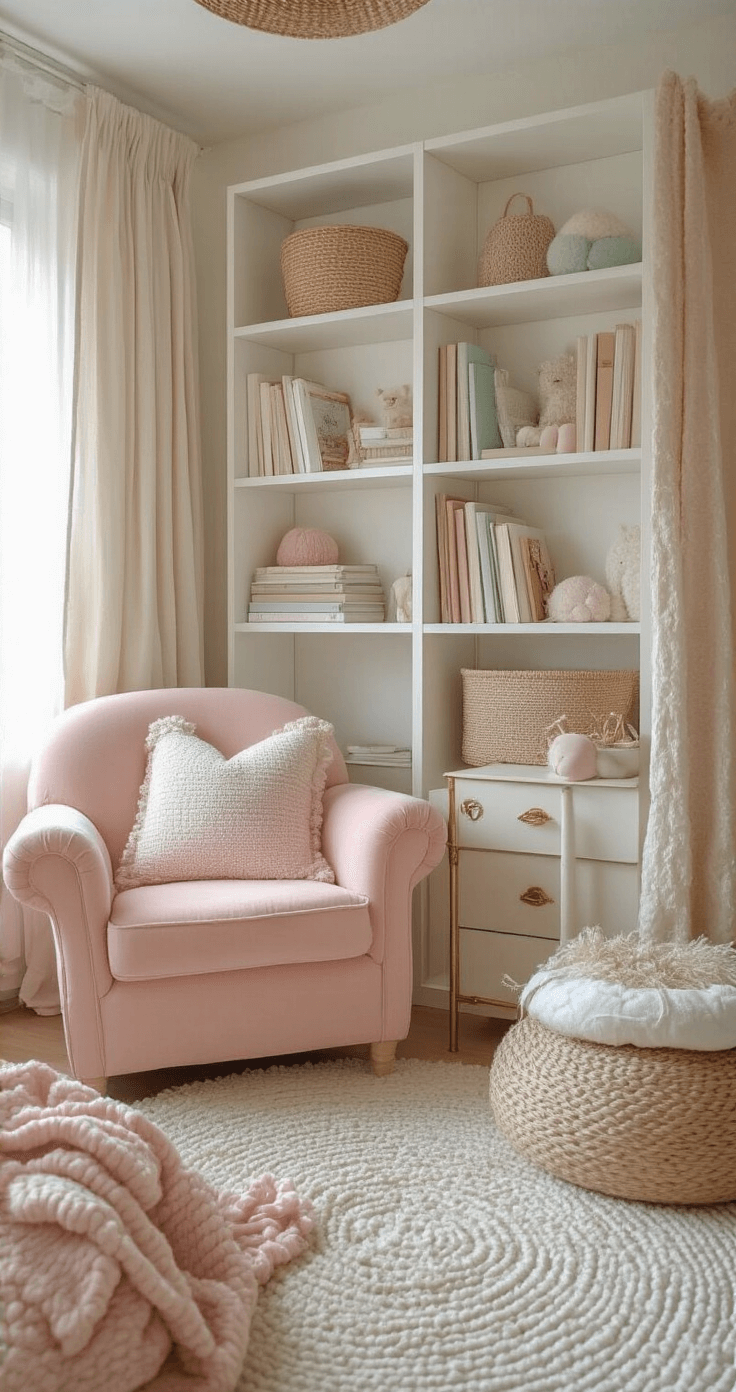 Close-up van een speelhoek in een babykamer met wandplanken vol pastelboeken en decoraties, een oudroze fluwelen fauteuil, en een wit bijzettafeltje met gouden details. Zachte namiddagzon en warme schaduwen. Texturen van linnen gordijnen, gehaakte deken en velours kussens.