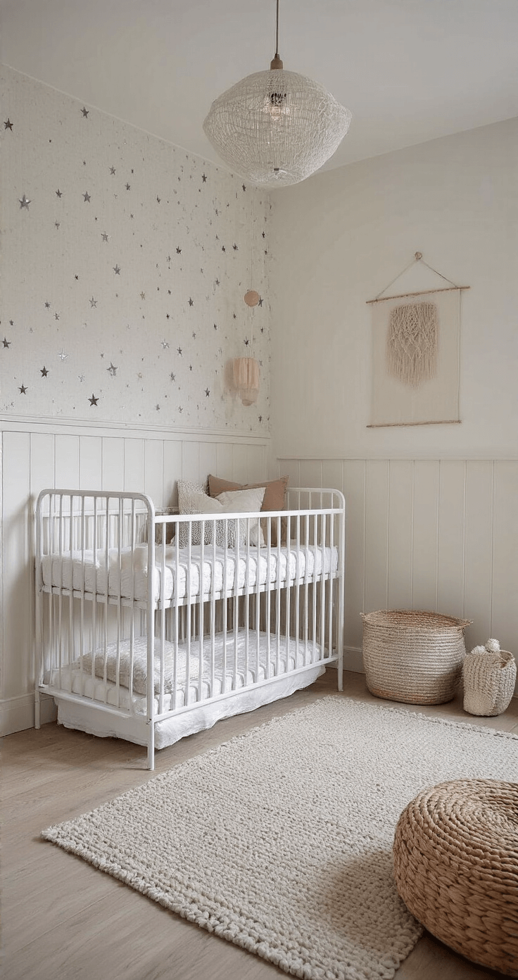 Een rechthoekige babykamer van 5x4m bij zonsondergang, met witte lambrisering en subtiel sterrenbehang. In het midden staat een wit metalen ledikant, omringd door halfronde opbergmeubels. Warme LED-verlichting in een kroonluchter en wandlampen verlichten de ruimte, terwijl accessoires in verschillende wittinten textuurlagen toevoegen.