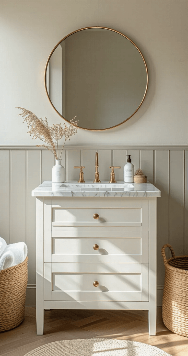 Detailopname van een vierkante verschoonhoek met een witte commode en marmeren blad, lichtgrijze muur, een rond spiegeltje met gouden rand, open planken met gevouwen hydrofiele doeken en verzorgingsproducten in natuurlijke tinten, en rieten manden voor warme accenten, gevangen in ochtendlicht.