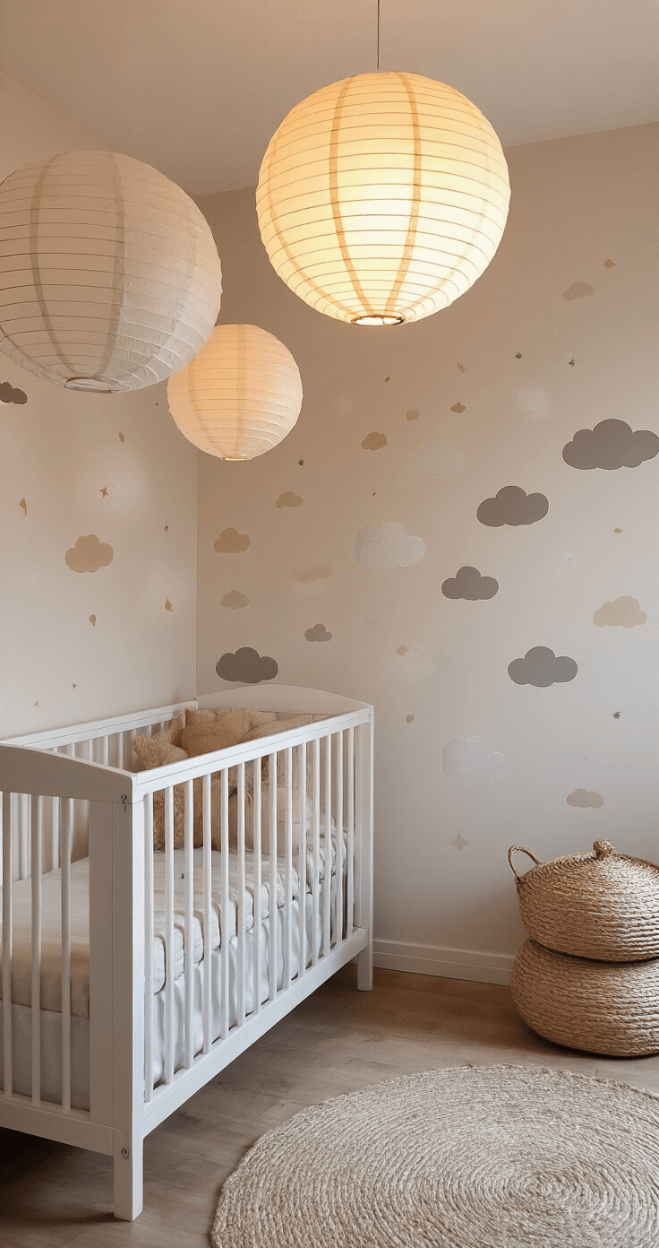 Een sfeervolle babykamer met een wit spijlenledikant, papieren lampionnen, maanlicht en een warme lamp, omlijst door dromerige muurstickers van wolkjes en zachte materialen.