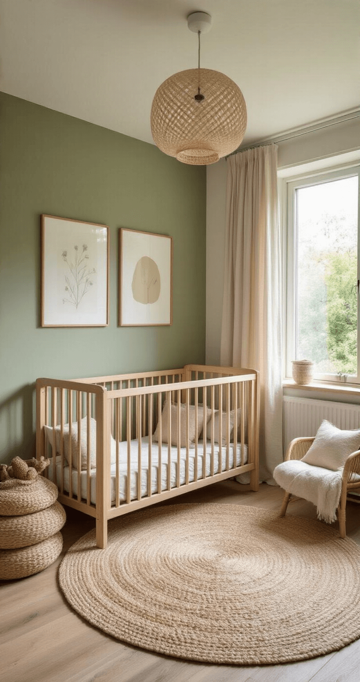 Een sfeervolle babykamer van 4x4m in ochtendlicht, met een natuurhouten ledikant, rond wollen tapijt en een linnen fauteuil, allemaal in kalmerende kleuren en natuurlijke materialen.