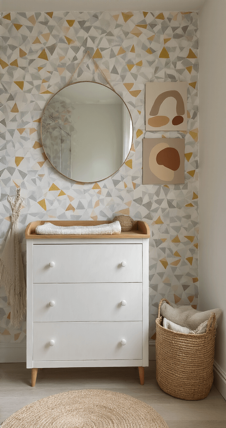 Intieme babykamer van 3,5x3 meter in middaglicht met een statement muur in zachtgrijs en mosterdgeel, een moderne witte commode met warm houten bovenblad, een rond spiegelpaneel met messing rand, macramé wandhanger en abstracte canvas prints in aardetinten, zachte textielen zoals linnen opbergmanden en een handgeweven vloerkleed in naturel tinten.