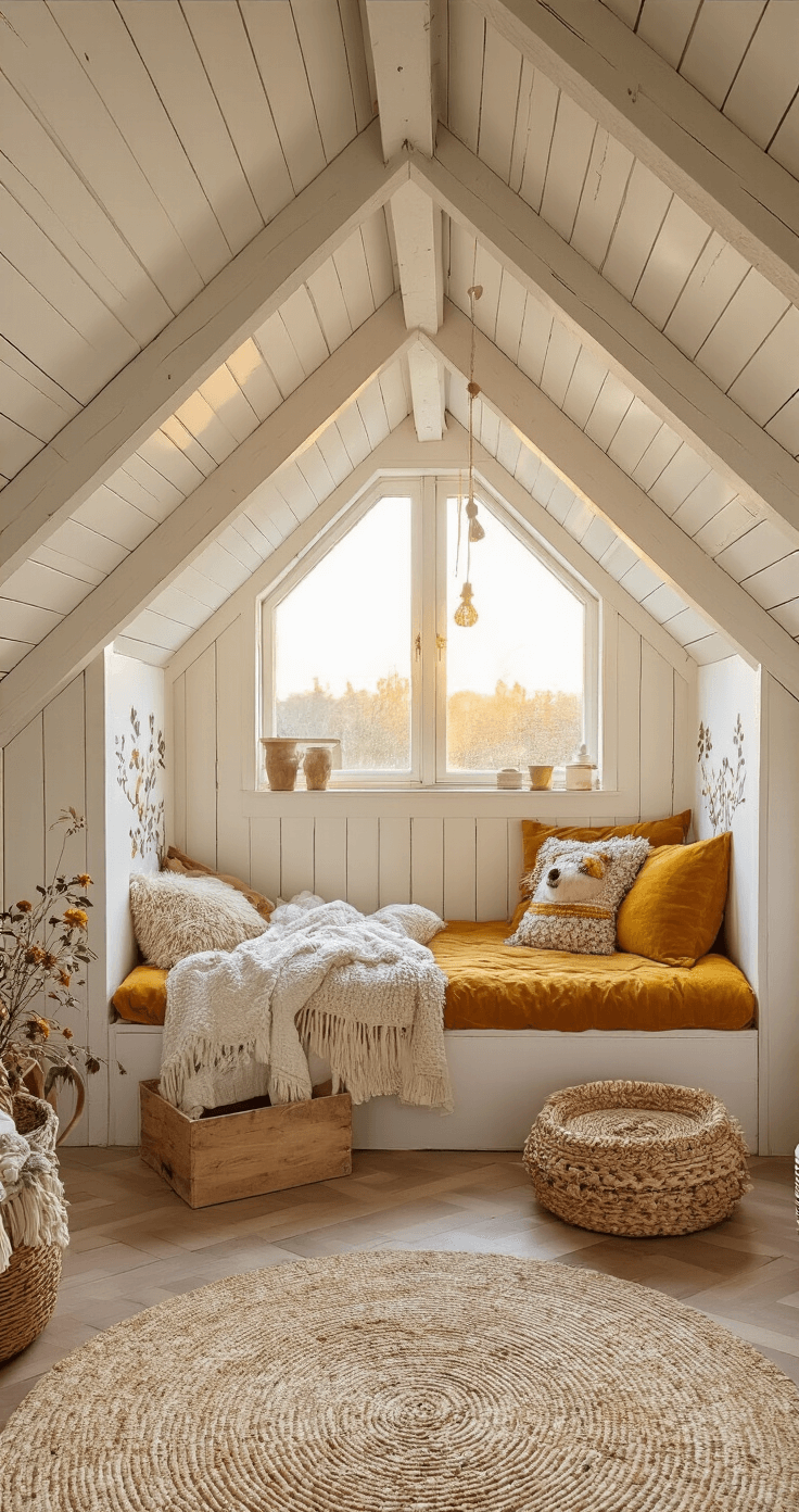 Knusse zolderkamer met schuine wanden in warm wit, houten balken, een vintage houten box met mosterdgeel velvet gordijn, en natuurlijke rotan accessoires. Een handgeknoopt wollen kleed in zachte pastels en botanische muurstickers zorgen voor een speelse sfeer, bijgevuld met slim weggewerkte opbergruimte. Vastgelegd in dramatisch gouden avondlicht.