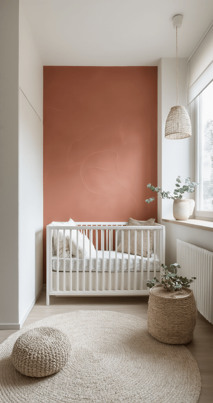Moderne babykamer (3x4m) met terracotta accentmuur en abstracte muurschildering, minimalistisch wit ledikant, natuurhouten spijlen, zwevende planken met eucalyptustakken in keramieken vazen, grijze linnen schommelstoel en gebreid poefje, gefotografeerd in diffuus middaglicht.