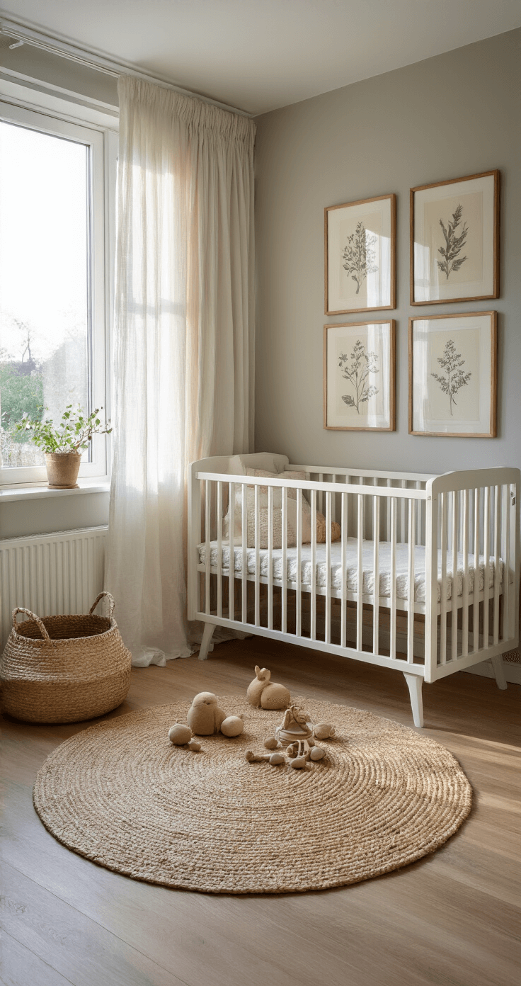 Ruimtelijke hoekbabykamer bij zonsondergang met dubbel raam en sheer linnen gordijnen, rond jute boxkleed met speelgoedmanden, modern wit ledikant tegen lichte muur, botanische gallery wall met vintage prints in messing lijsten.