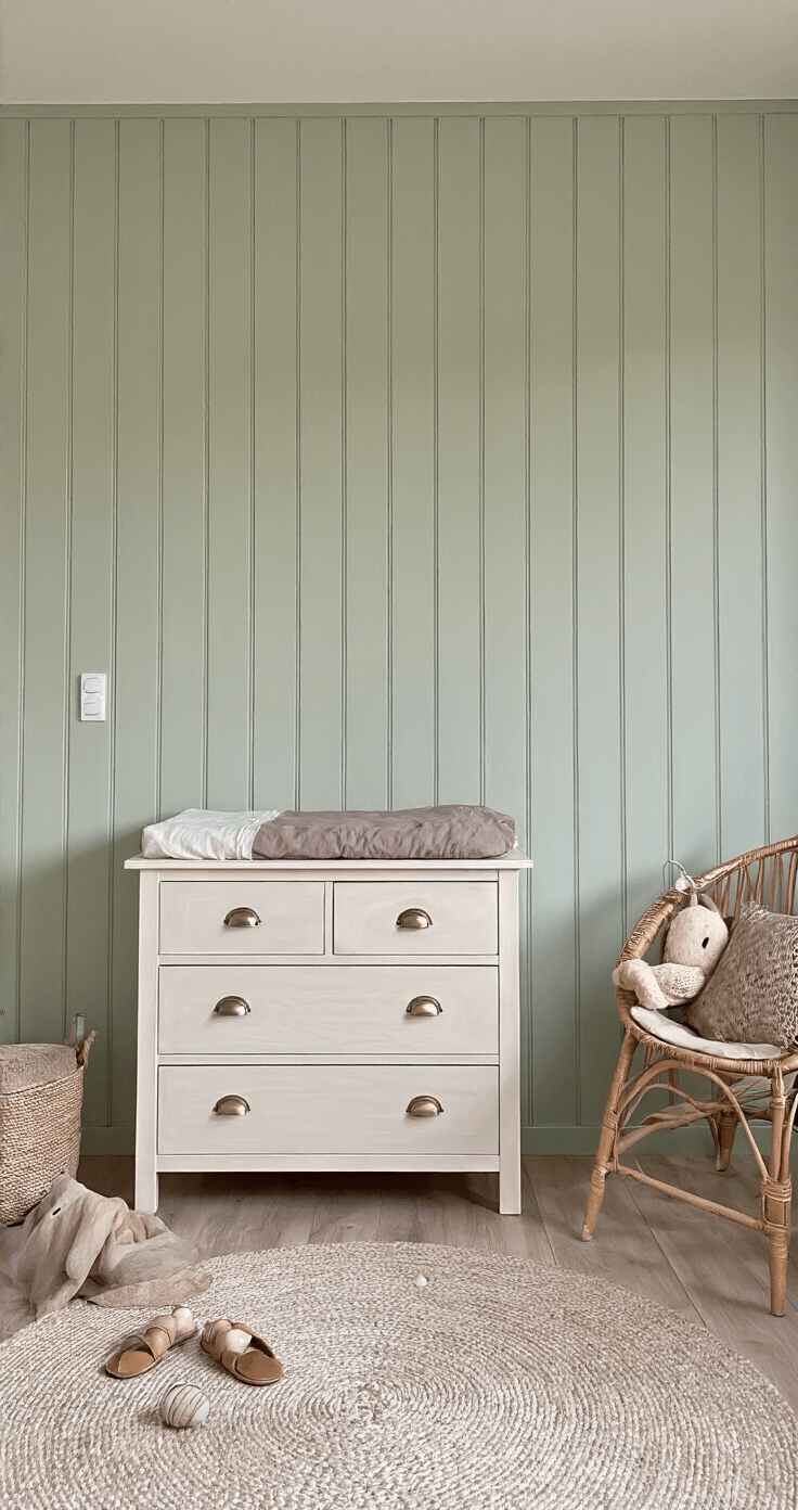 Compacte babykamer met zachtgroene lambrisering, wit spijlenbedje met linnen hemel, vintage commode, rotan schommelstoel met schapenvacht, en een handgemaakte mobile van houten kralen.