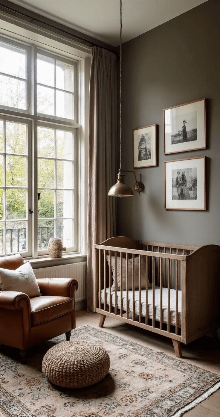 Karaktervolle babykamer in namiddaglicht met jaren '30 ensuite deuren en glas-in-lood, ledikant in vergrijsd natuurlijk hout, vintage perzisch tapijt, zwart-wit familiefoto's op de gallery wall, en een industriële wandlamp naast een cognac leren fauteuil.