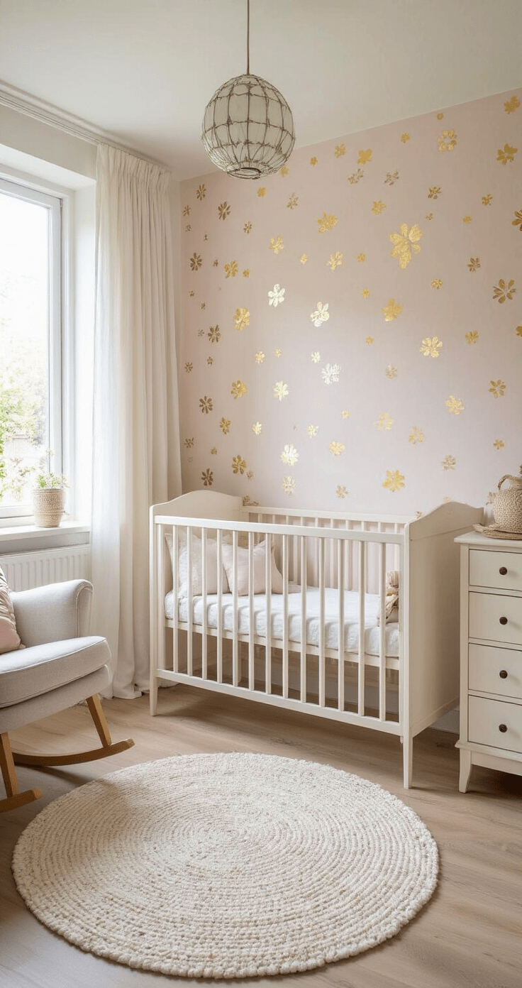 Een lichte babykamer met hoge ramen en zachtroze bloemetjesbehang. In het midden staat een wit houten ledikantje op een rond crèmewit vloerkleed. Links een schommelstoel in lichtgrijs linnen, rechts een vintage mat witte ladekast. Vlinderdecoraties hangen aan het plafond. Natuurlijke belichting met zachte schaduwen.