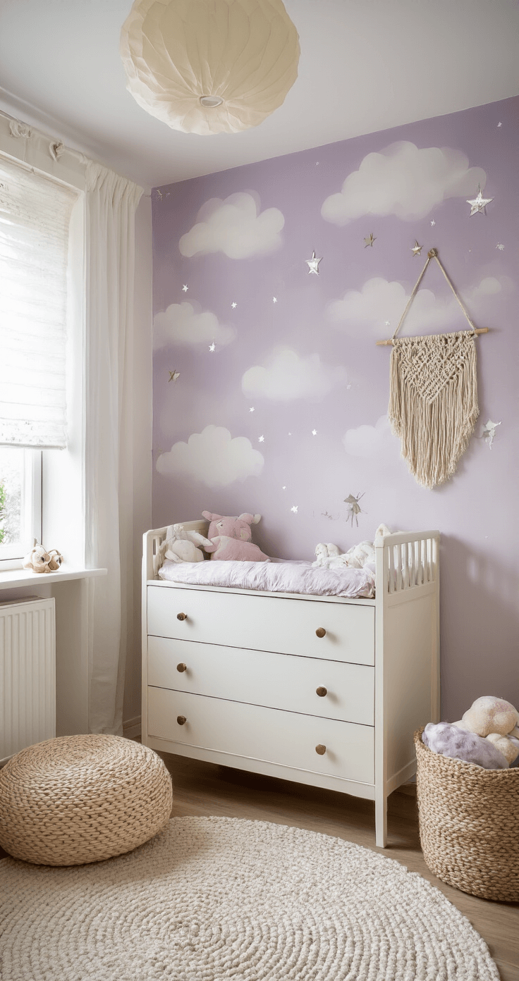 Intieme babykamerhoek met pastelpaars en zilver wolkenbehang, zachte middaglicht door vitrage, rustieke witte commode met vintage speelgoed, gouden spiegeltje en macramé wandhanger, gele details in kussens en deken.