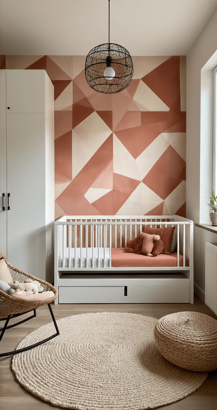 Moderne babykamer met geometrisch terracotta en roze behang, minimalistische witte meubels, zwevende planken met knuffels en boeken, en een zwart metalen mobile boven een houten wieg, met interessante schaduwen in de middagzon.