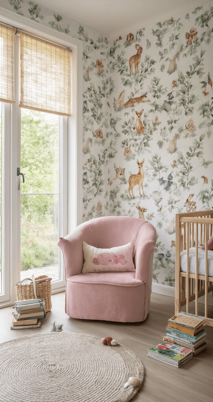 Een knusse babykamer met dierenmotief behang, zacht ochtendlicht van grote ramen, een vintage roze fluwelen fauteuil in de leeshoek omringd door kinderboeken, en een handgemaakt vilt mobile boven een rieten wieg.