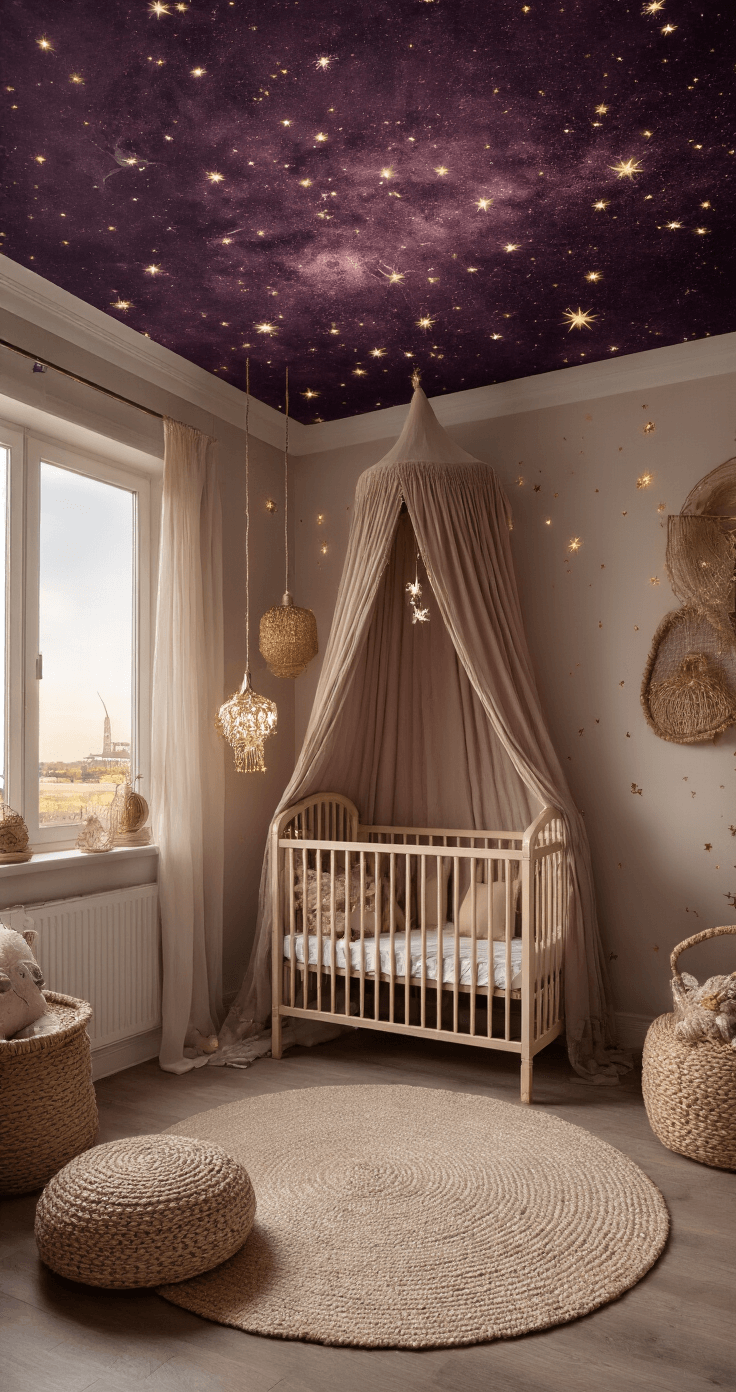 Ruimtelijke hoekbabykamer met sterrenhemel behang in diep oudroze en goud, luxe champagne-kleurige spijlenwieg, zijdezachte gebroken witte gordijnen, en vintage koperen details, alles verlicht door dimbare LED-sterretjes in een magische avondsfeer.