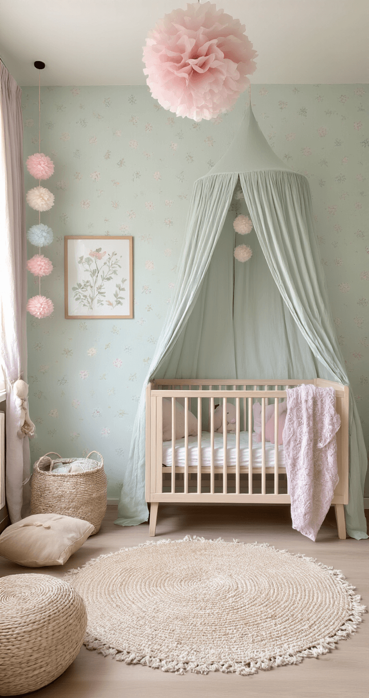 Lichte babykamer met mint en lila stippenpatroon behang, Scandinavische meubels, zachte textielen en handgemaakte papieren pompons. Natuurlijke lichtval door kantgordijnen en botanische prints in gouden lijsten aan de muur.
