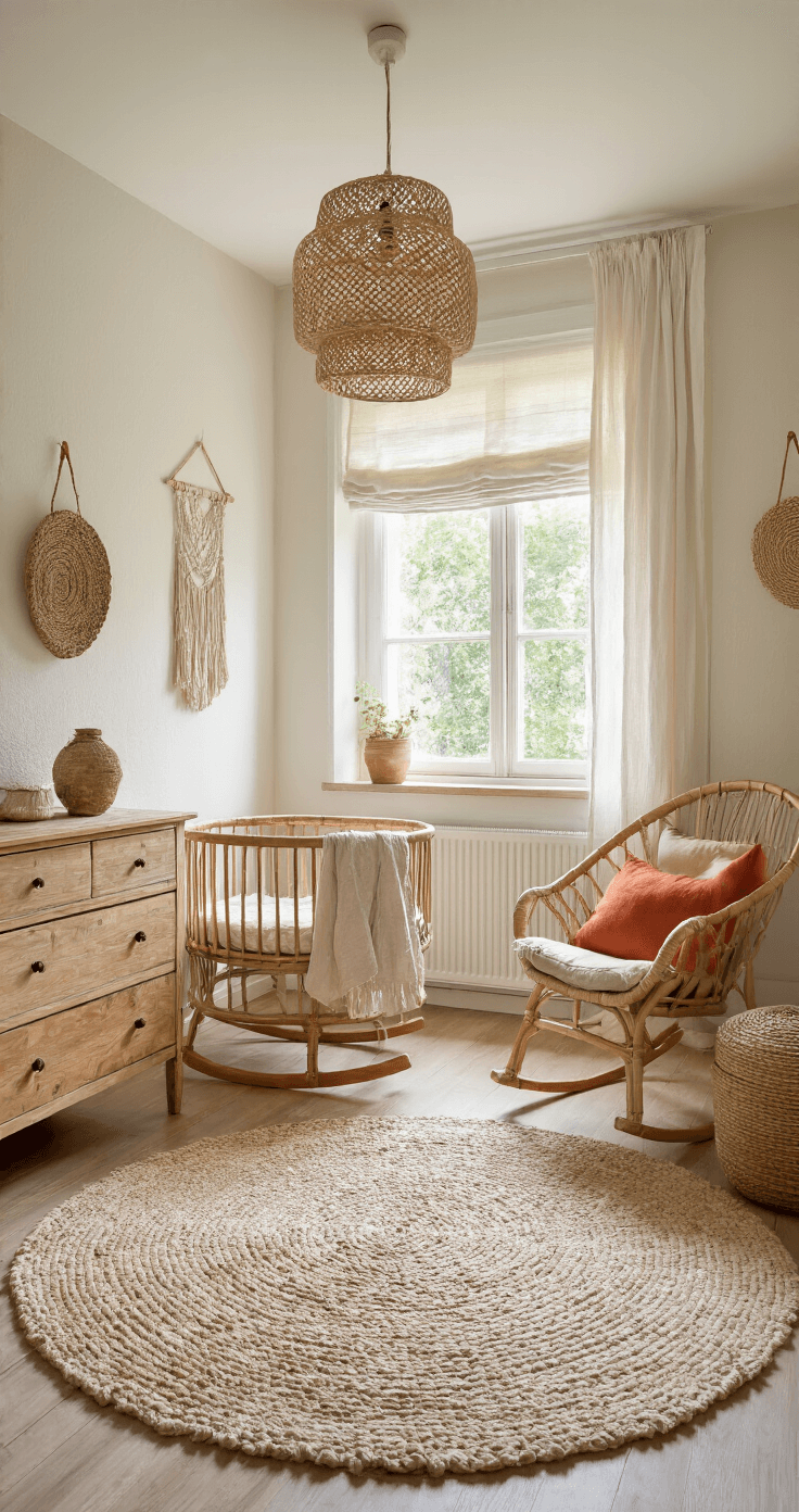Ruime, vierkante babykamer in zachte ochtendzon met hoge ramen en linnen gordijnen. Centraal een rond rotan wiegje op een crèmekleurig berber tapijt. Links een vintage houten commode met macramé wandhanger, rechts een zandkleurige schommelstoel met terracotta kussen. Natuurlijke texturenmix van manden, linnen dekentjes en wollige kussens, in een kleurpalet van beige, zand, terracotta en zachte groene plantaccenten.